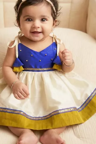 kids newborn babygirl silk frock/diwali dress/ethnicwear/festive indianwear cream&blue