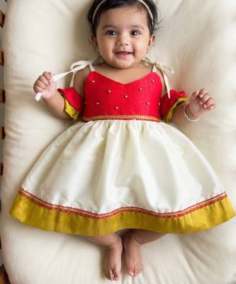 kids newborn babygirl silk frock/diwali dress/ethnicwear/festive indianwear cream&red 1