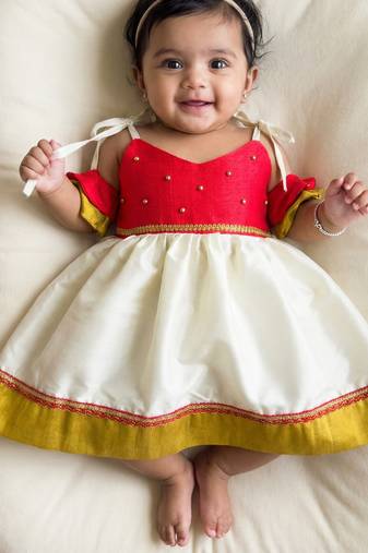 kids newborn babygirl silk frock/diwali dress/ethnicwear/festive indianwear cream&red