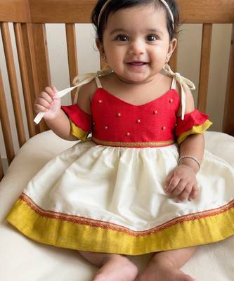 kids newborn babygirl silk frock/diwali dress/ethnicwear/festive indianwear cream&red 2