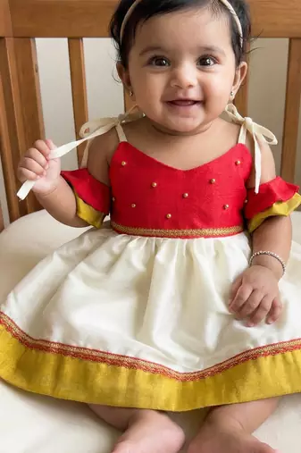 kids newborn babygirl silk frock/diwali dress/ethnicwear/festive indianwear cream&red