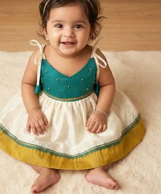 kids newborn babygirl silk frock/diwali dress/ethnicwear/festive indianwear cream&green 1