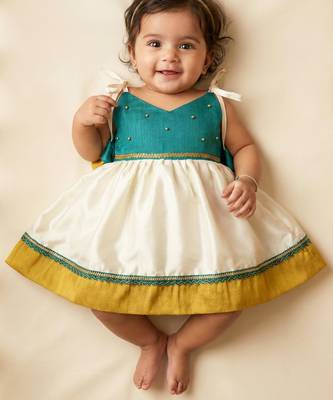 kids newborn babygirl silk frock/diwali dress/ethnicwear/festive indianwear cream&green 2