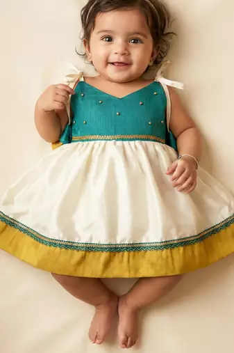 kids newborn white and blue babygirl silk pavadai frock