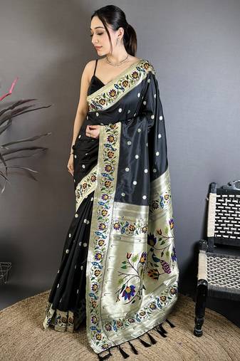 Black floral, zari woven soft silk saree with blouse