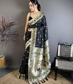 Black floral, zari woven soft silk saree with blouse
