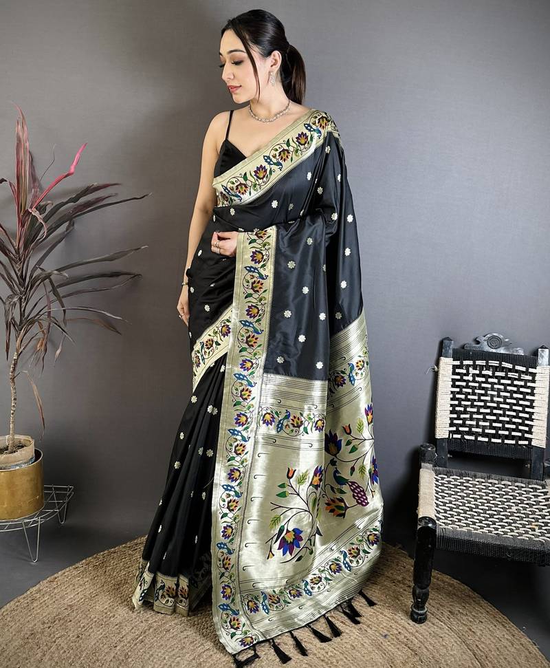 Black floral, zari woven soft silk saree with blouse