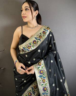 Black floral, zari woven soft silk saree with blouse 2