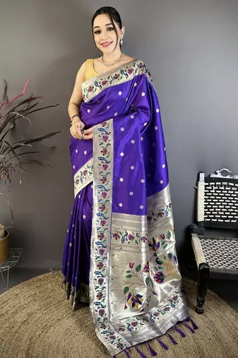 Blue floral, zari woven soft silk saree with blouse