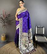 Blue floral, zari woven soft silk saree with blouse