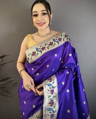 Blue floral, zari woven soft silk saree with blouse 2