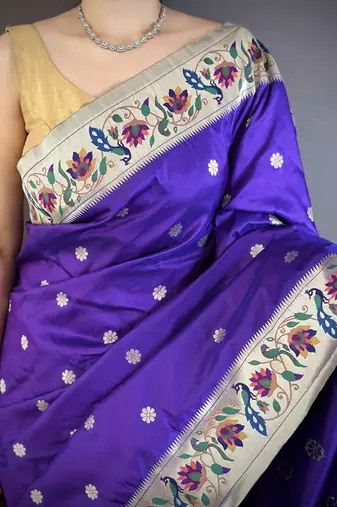 Blue floral, zari woven soft silk saree with blouse