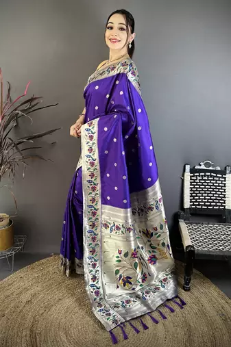 Blue floral, zari woven soft silk saree with blouse