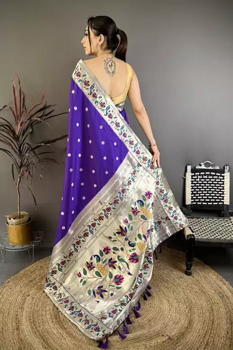 Blue floral, zari woven soft silk saree with blouse