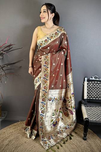 Brown floral, zari woven soft silk saree with blouse
