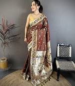 Brown floral, zari woven soft silk saree with blouse