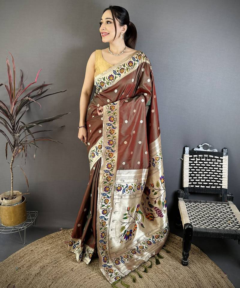 Brown floral, zari woven soft silk saree with blouse