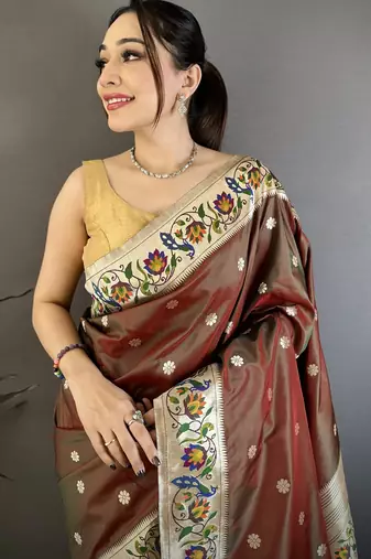 Brown floral, zari woven soft silk saree with blouse