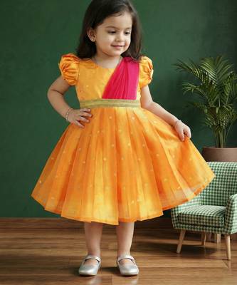 Girls yellow & pink silk saree frock | traditional south indian pattu partywear dress | festive function wear 1
