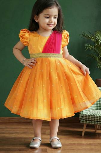 Girls yellow & pink silk saree frock | traditional south indian pattu partywear dress | festive function wear