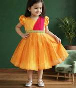 Girls yellow & pink silk saree frock | traditional south indian pattu partywear dress | festive function wear
