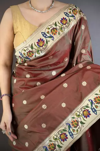 Brown floral, zari woven soft silk saree with blouse