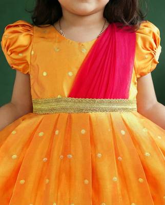 Girls yellow & pink silk saree frock | traditional south indian pattu partywear dress | festive function wear 2