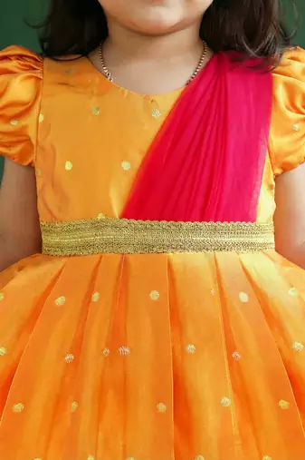 Girls yellow & pink silk saree frock | traditional south indian pattu partywear dress | festive function wear