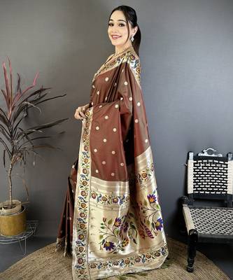 Brown floral, zari woven soft silk saree with blouse 4