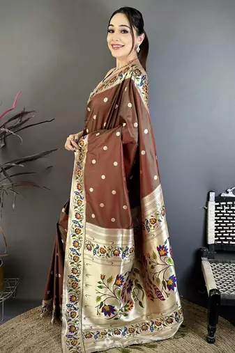 Brown floral, zari woven soft silk saree with blouse