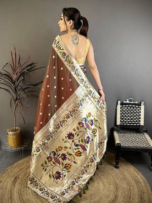 Brown floral, zari woven soft silk saree with blouse 5