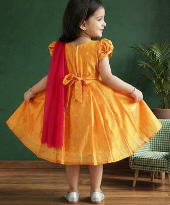 Girls yellow & pink silk saree frock | traditional south indian pattu partywear dress | festive function wear 3