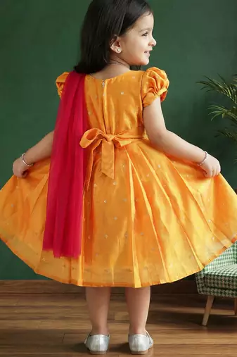 Girls yellow & pink silk saree frock | traditional south indian pattu partywear dress | festive function wear