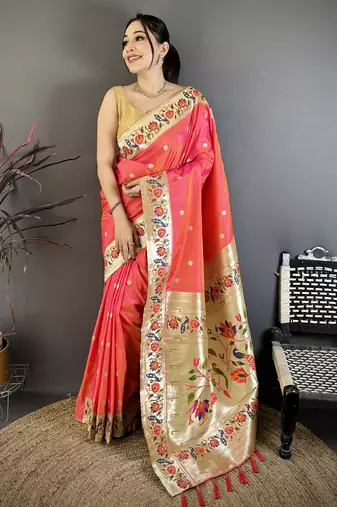 Coral pink floral, zari woven soft silk saree with blouse