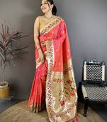 Coral pink floral, zari woven soft silk saree with blouse