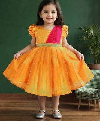 Girls yellow & pink silk saree frock | traditional south indian pattu partywear dress | festive function wear 4