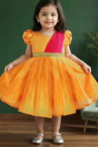 Girls yellow & pink silk saree frock | traditional south indian pattu partywear dress | festive function wear