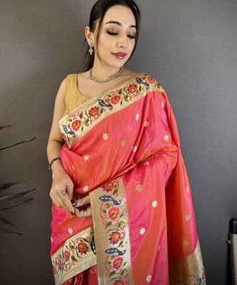 Coral pink floral, zari woven soft silk saree with blouse 2