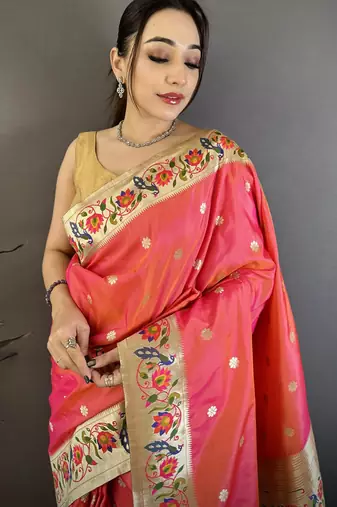 Coral pink floral, zari woven soft silk saree with blouse
