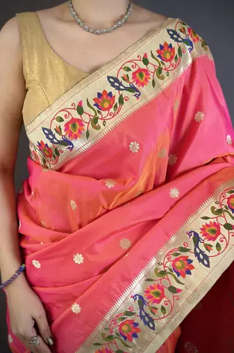 Coral pink floral, zari woven soft silk saree with blouse