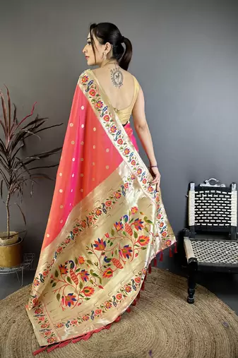 Coral pink floral, zari woven soft silk saree with blouse
