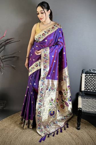 Purple floral, zari woven soft silk saree with blouse