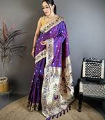 Purple floral, zari woven soft silk saree with blouse