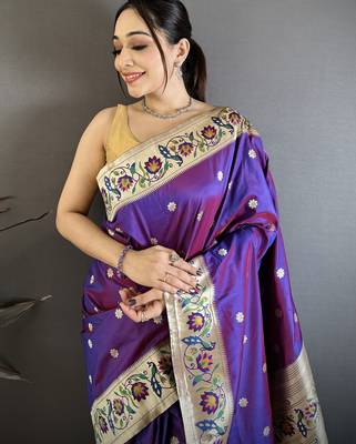 Purple floral, zari woven soft silk saree with blouse 2