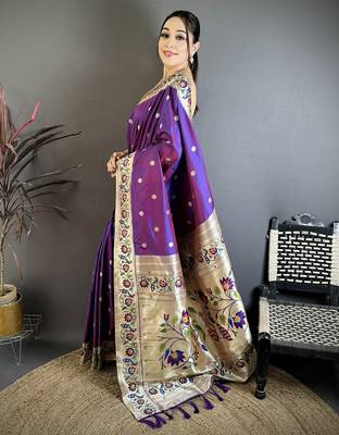 Purple floral, zari woven soft silk saree with blouse 3