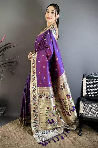 Purple floral, zari woven soft silk saree with blouse