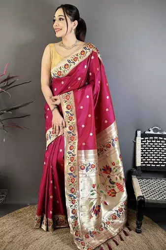 Rani pink floral, zari woven soft silk saree with blouse