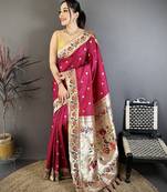 Rani pink floral, zari woven soft silk saree with blouse