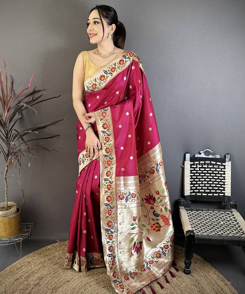 Rani pink floral, zari woven soft silk saree with blouse