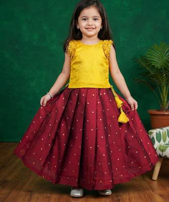 Maroon & yellow combo baby girls silk lehenga choli | traditional party perfect & festive dress 1